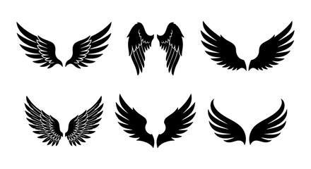 Black wing silhouettes collection, set of 6 decorative bird and angel wings, heraldic feather wing icons, gothic tattoo design elements vector © Laila
