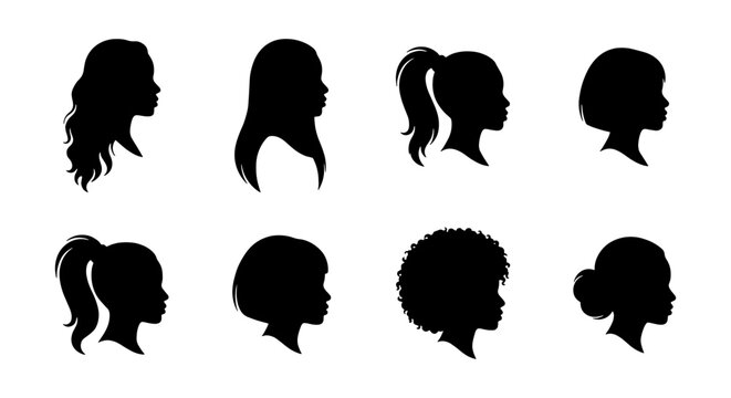 Minimalist woman profile silhouette set, female head side view icons, 8 diverse girl hairstyles vector collection for beauty and salon branding