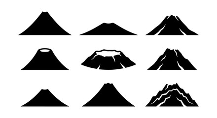 Minimalist volcano silhouette icons, set of 9 mountain peak vector illustrations, black volcanic crater symbols for geology and travel infographics © Laila