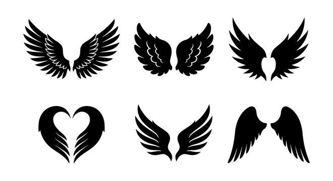 Black wings silhouette collection, set of 6 decorative bird and angel wing vector icons, heraldic feather wing shapes for logo design and tattoos