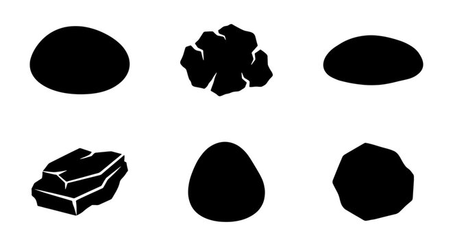 Black stone silhouettes set, 6 natural rock shape icons, minimalist pebble and boulder vector elements, organic mineral and geological stone forms