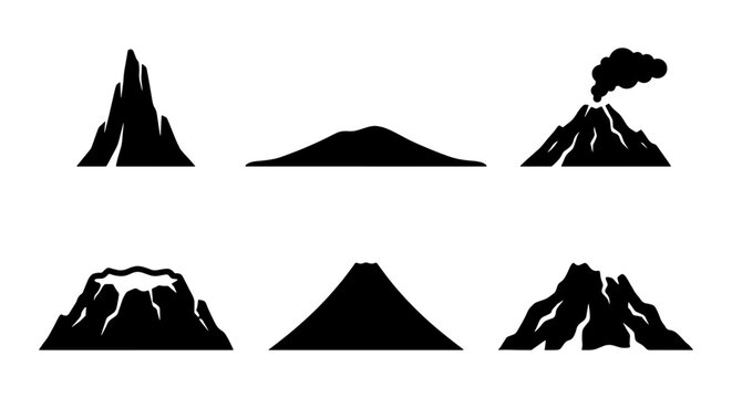 Minimalist volcano silhouette icons, set of 6 mountain peak vector illustrations, black volcanic eruption and crater symbols for map design