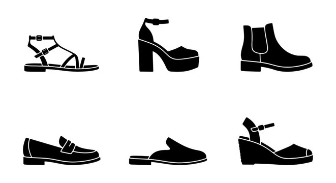 Minimalist black footwear icons set, 6 flat vector shoe silhouettes, modern fashion footwear collection including boots and sandals for retail design