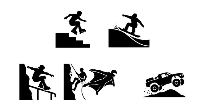 Extreme sports silhouette icons set, active people performing outdoor adventure stunts, black vector graphics of parkour snowboarding and rock climbing