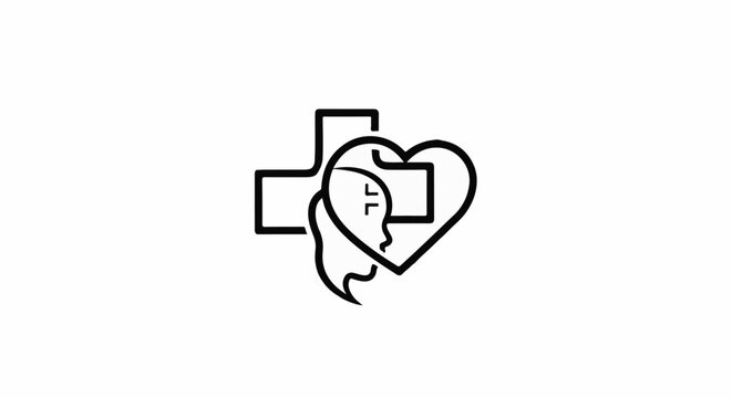 Line art of medical cross and heart with profile, symbolizing care