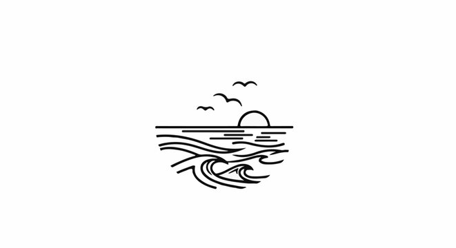 Minimalist line art depicts a sun setting over choppy ocean waves with birds flying