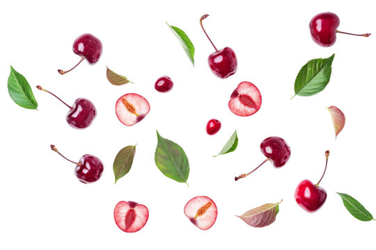 Floating sweet cherry collection with whole fruits halves and leaves isolated on transparent background
