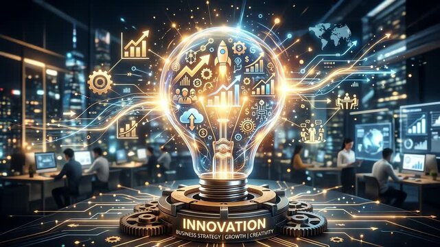 A futuristic office scene showcasing innovation and business strategy with glowing lightbulb graphics