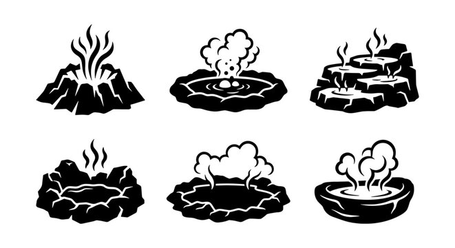 Geothermal geyser and hot spring icons, set of 6 black and white vector illustrations, volcanic thermal vents and steaming mineral pools