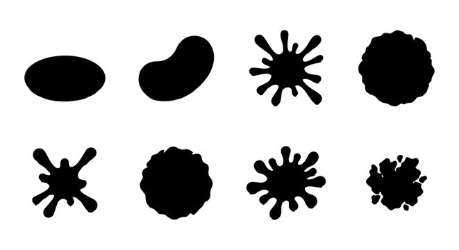 Black ink splat silhouettes set, 8 liquid splash vector shapes, organic paint blot and drop icons, abstract grunge stain collection for graphic design