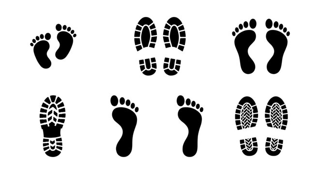 Black footprint silhouettes and shoe sole prints set, human barefoot tracks and boot tread marks, 6 pairs of foot step icons for forensic or path design