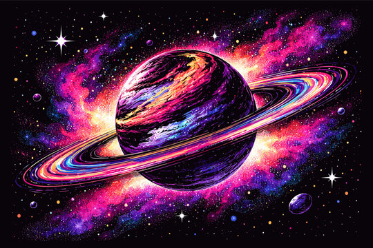 Vibrant Stipple Art Illustration of a Distorted Ringed Planet in a Colorful Cosmic Nebula; Abstract Space Background with Bright Stars, Psychedelic Galaxy, and Celestial Body Design