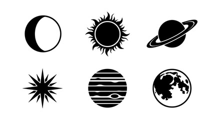 Celestial space icons set, black minimalist astronomy symbols including moon sun and planets, 6 vector elements for astrology and science design © Saiful