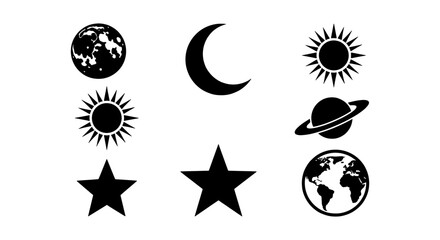 Minimalist celestial icon set, black silhouette space symbols including sun moon and stars, 8 vector astronomy elements for graphic design © Saiful