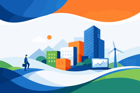 Modern Creative Brochure Cover Template for Annual Report and Company Profile featuring a Businessman Walking Towards a Sustainable City Skyline with Growth Charts and Green Energy Wind Turbine