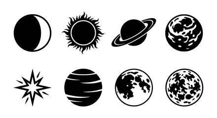 Minimalist celestial planet icons, black and white solar system vector set, astronomical moon and sun symbols, flat space galaxy elements for design © Saiful