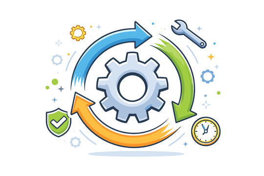 Settings gear with circular arrows representing automation process and system updates. Simple flat vector illustration for technical support, workflow optimization, and maintenance concepts.