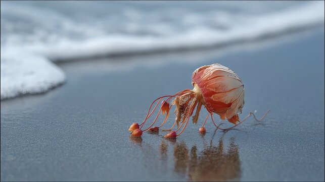 Ocean creature, Physalia physalis, landed on the shore.