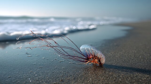 Ocean creature, Physalia physalis, landed on the shore.