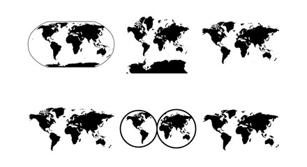 World map vector collection, black silhouette earth globes and cartography projections, set of 6 minimalist global geography icons for infographics © Kazi