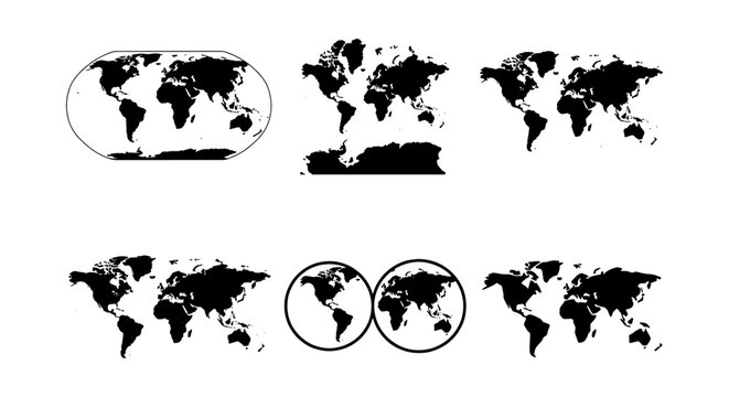 World map vector collection, black silhouette earth globes and cartography projections, set of 6 minimalist global geography icons for infographics