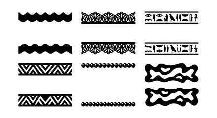Fototapeta premium Ancient Egyptian and ethnic border set, black decorative dividers with hieroglyphs and tribal patterns, 12 vector brush elements for frames