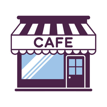 A simple illustration depicts the facade of a cafe with striped awning and signage