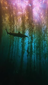 "Leopard shark (Triakis semifasciata) swimming through a lush giant kelp forest underwater, sunbeams filtering through the ocean surface