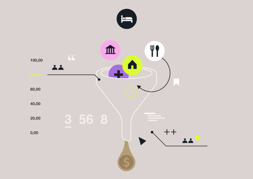 This depiction showcases the sales funnel concept, highlighting stages such as awareness, interest, and conversion with engaging visuals.
