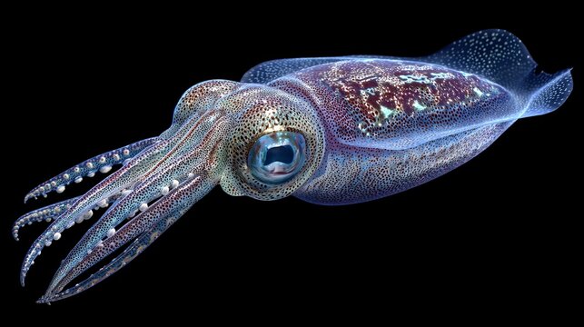Sharkpear squid, with detailed arms, appeared in dark ocean depths at night.