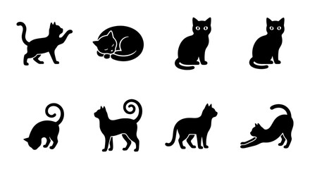 Black cat silhouette collection, set of 8 feline vector icons, minimalist kitten poses including sleeping and stretching, pet animal graphic elements © Kazi
