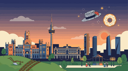 Obraz premium A flat design illustration depicting the iconic Madrid skyline subtly integrated with elements of the San Isidro Festival, such as chulapos and traditional food. 