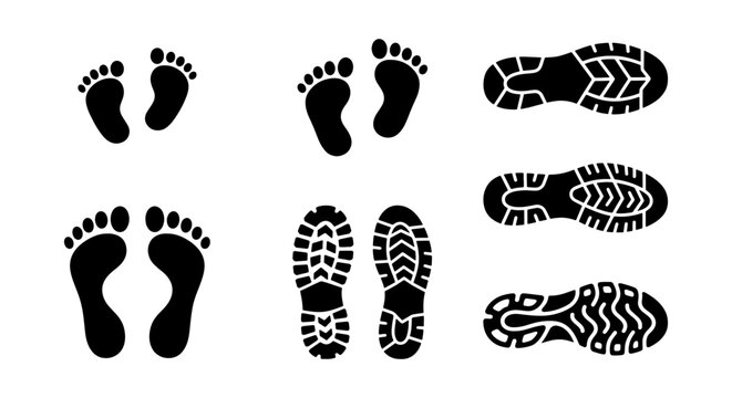 Human footprint and shoe sole silhouette set, black barefoot prints and sneaker tread marks, 6 pairs of foot track vector icons for forensic or path design