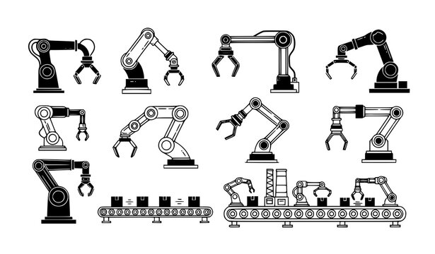 Robotic arm industrial automation vector icon set black flat line style on white