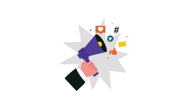 4k Hand Holding Megaphone with Social Media Icons. Social Media Promotion Concept Animation Video