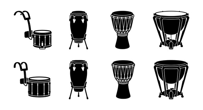 Percussion instrument vector icons set, black silhouettes of djembe, conga, timpani and marching snare drum, musical equipment collection