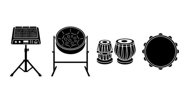 Percussion musical instruments vector set, black silhouette icons of steelpan, tabla drums, electronic drum pad and tambourine on white background