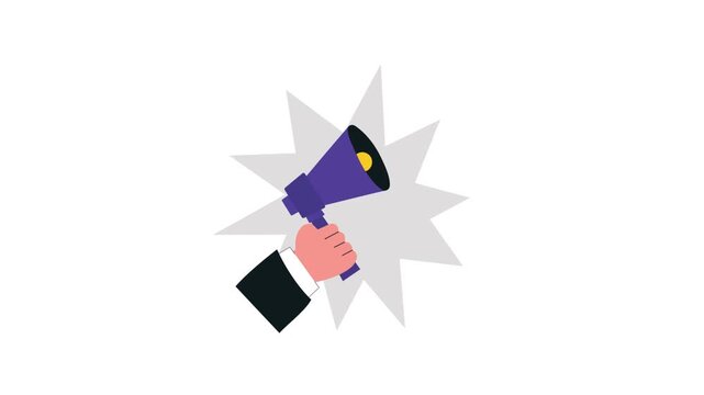 4k Hand Holding Megaphone with Starburst. Social Media Promotion Concept Animation Video 