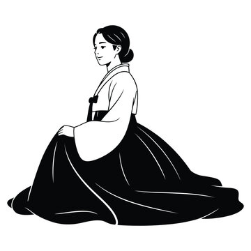 Graceful Korean Woman Sitting in Traditional Hanbok with Flowing Skirt Side Profile &ndash; Elegant Black and White Vector Illustration of Asian Cultural Heritage and Timeless Female Beauty