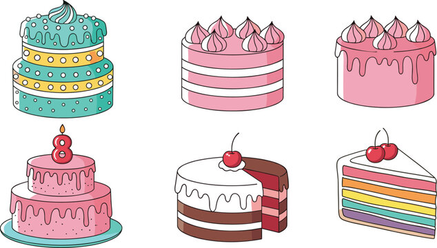 Birthday cake illustration set with layered cakes, rainbow cake slice and festive celebration dessert designs vector collection