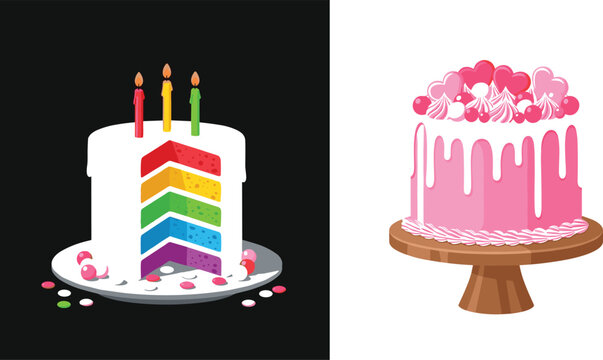 Birthday cake illustration with rainbow layered cake candles and pink dripping celebration cake on stand festive dessert vector design