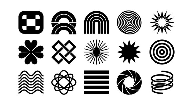 Minimalist geometric shapes collection, 15 black abstract vector icons, brutalist design elements for modern branding and posters