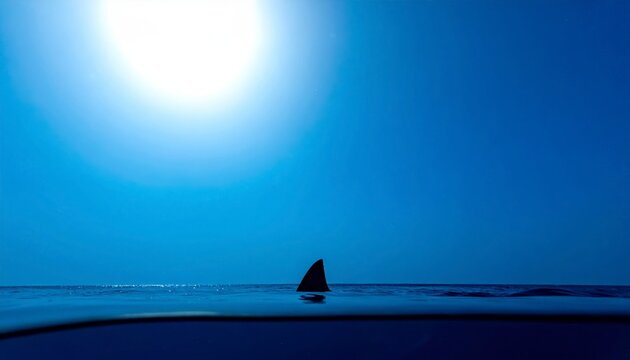 A solitary shark fin breaks the vibrant blue ocean surface under the bright sun