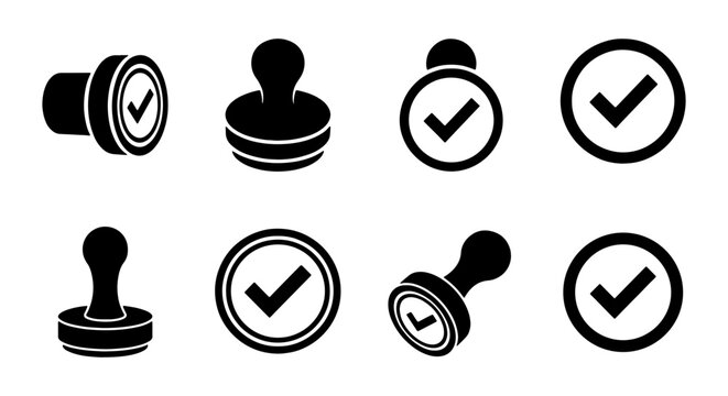 Approved rubber stamp icons set, black check mark seal symbols, 8 vector elements for business quality control and validation
