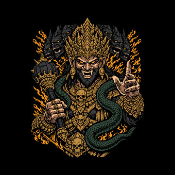 Highly detailed vector illustration of a demonic mythical king inspired by Southeast Asian and fantasy mythology, featuring an ornate golden crown, fierce expression, flaming aura, skull ornaments, an