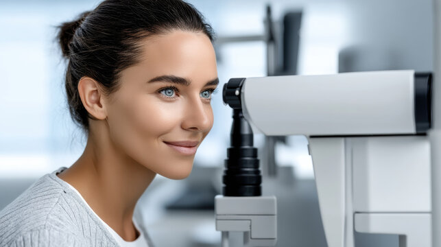 Woman refractometer eye exam vision test ophthalmology clinic medical healthcare blue eyes smiling modern equipment