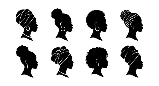 African woman silhouette profile set, black female head portraits with natural hair and headwraps, 8 ethnic beauty icons for salon branding