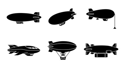 Vintage blimp silhouette collection, 6 airship vector icons set, retro dirigible and zeppelin transport symbols, black aviation aircraft graphics © Maruf
