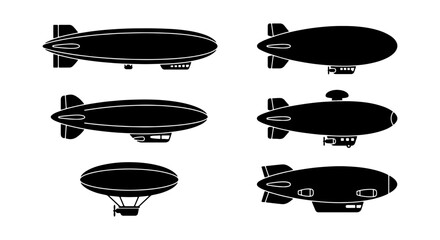 Vintage airship silhouette collection, set of 6 dirigible and blimp vector icons, retro zeppelin aircraft illustrations for aviation history projects © Maruf