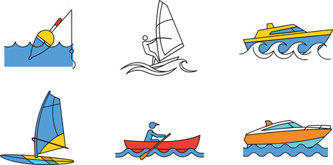 Boating and water sport illustration set with fishing float, sailboat, speed boat, windsurfing and rowing boat vector nautical icons © MdMostafijur